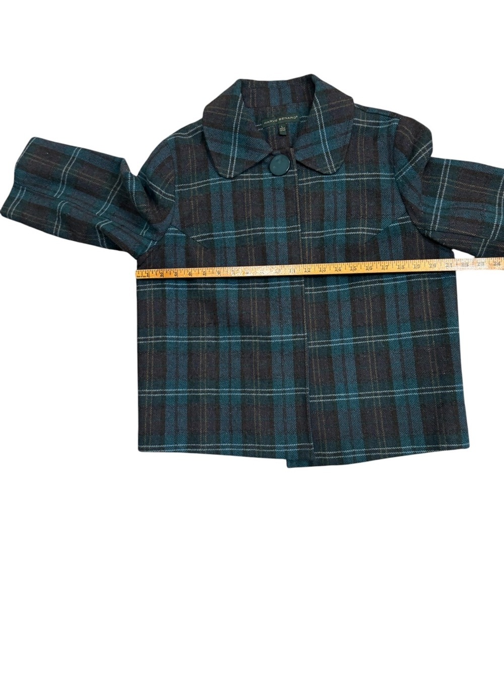 Harve Benard Plaid Cropped Jacket Green Brown 3/4 Sleeve Wool Blend Size L - Picture 3 of 9